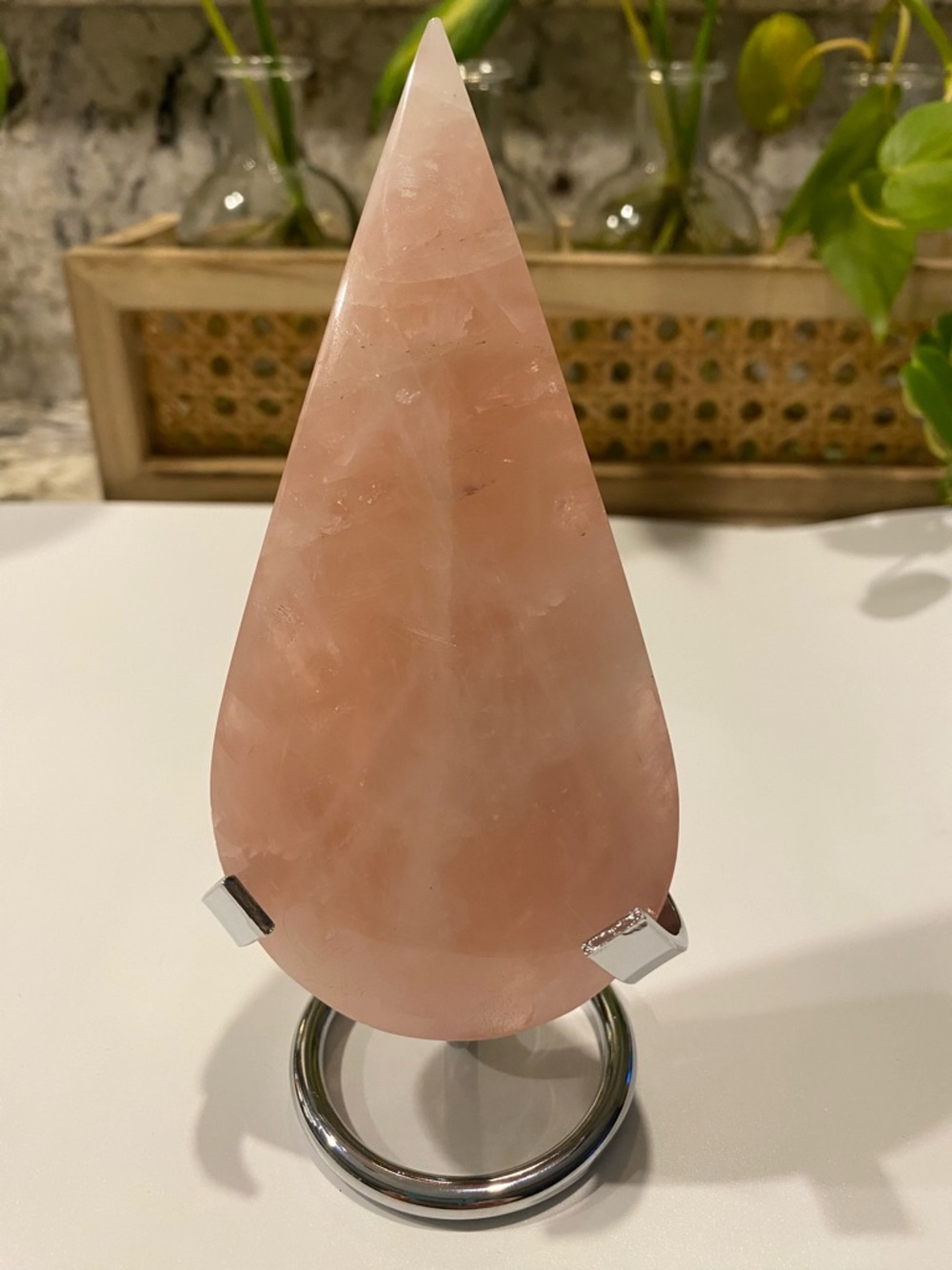 Rose Quartz Teardrop Display on Metal Stand - Soft Pink
